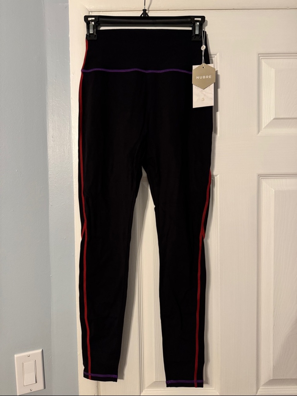 BuffBunny Black Leggings with Red Side Stripes and Purple Stitching